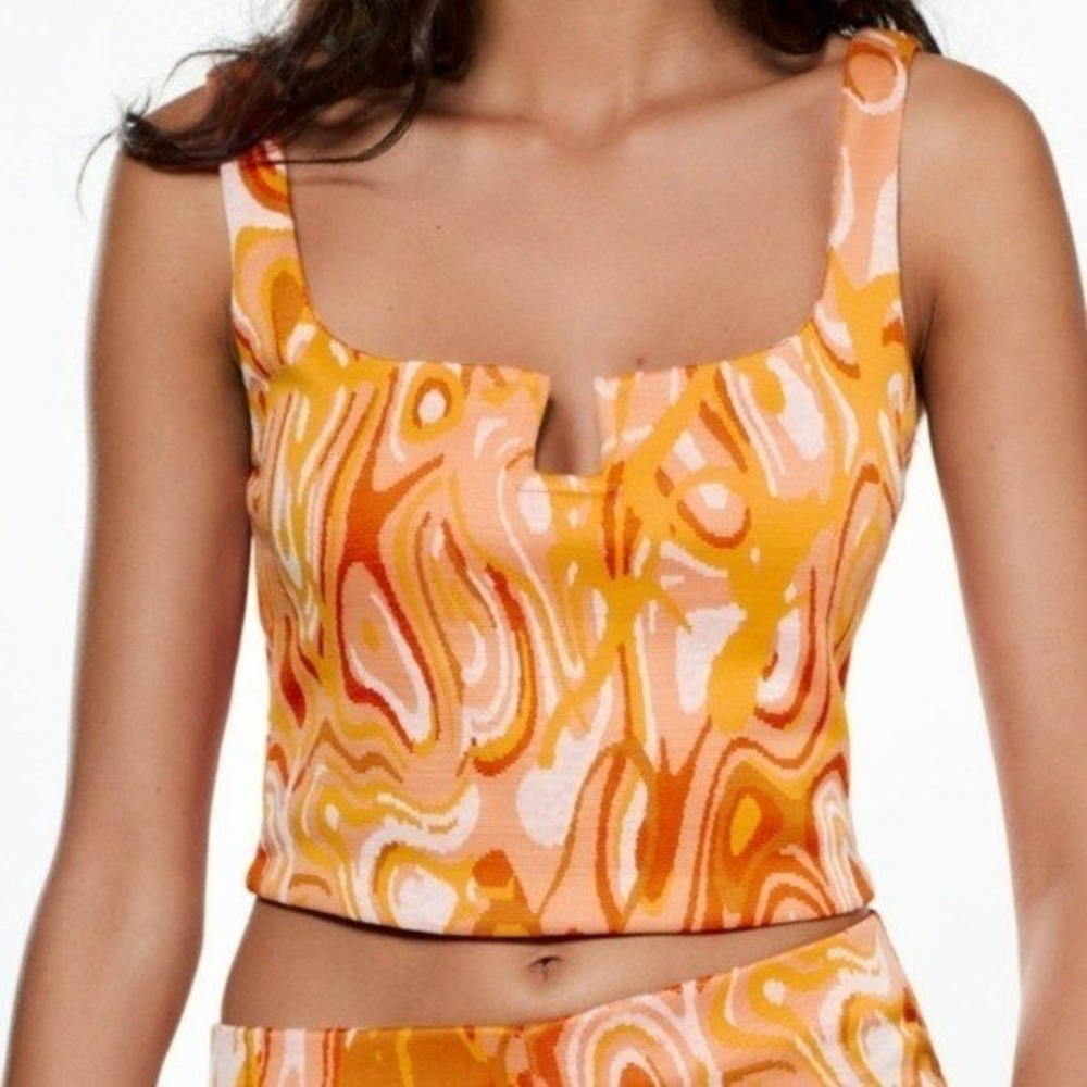 Zara Womens Orange Psychedelic Marble Print‎ Notch Neck Crop Top Small Retro 70s